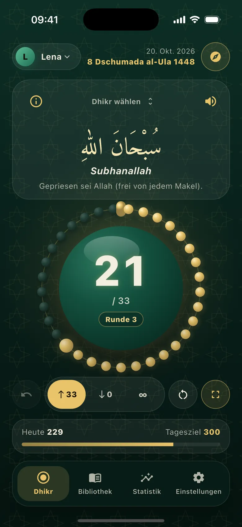 Zähler: Subhanallah, eine 3D-Tasbih mitten in einer Runde von 33 und die Tageszielleiste