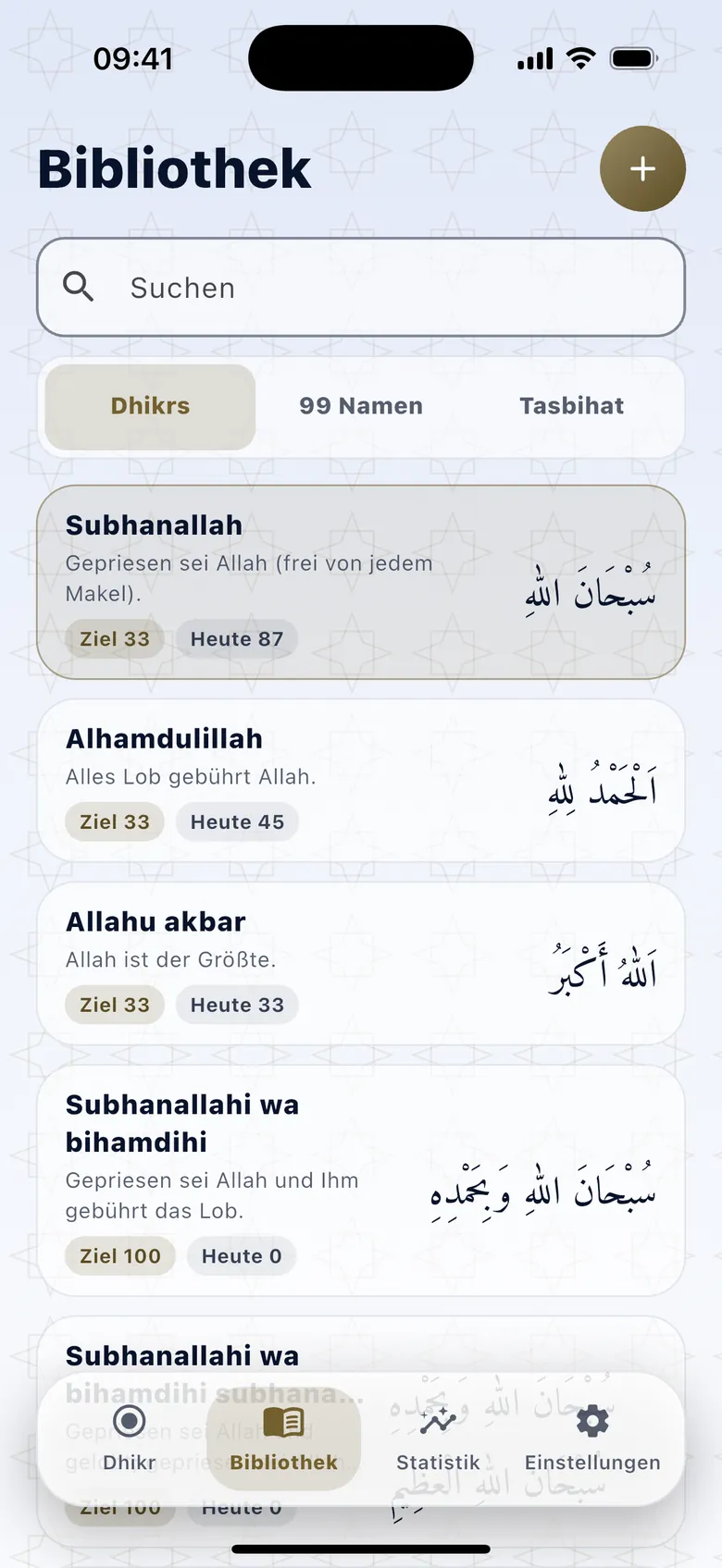 Bibliothek: Dhikr-Liste mit Arabisch, Umschrift und Bedeutung, Design Saphir hell