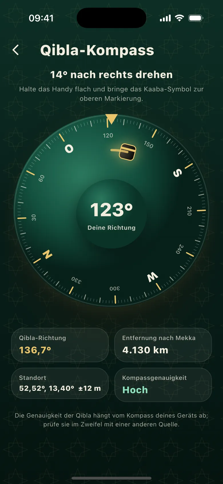 Qibla-Kompass: Qibla-Richtung, Entfernung nach Mekka und Kompassgenauigkeit