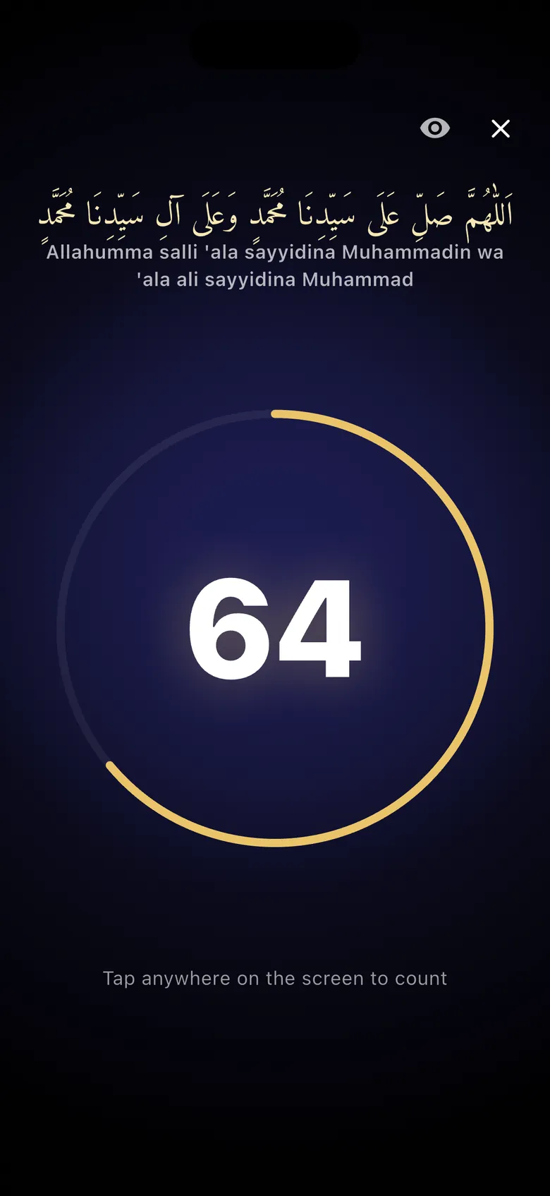 Focus mode: a large, minimal counter — tap anywhere on the screen