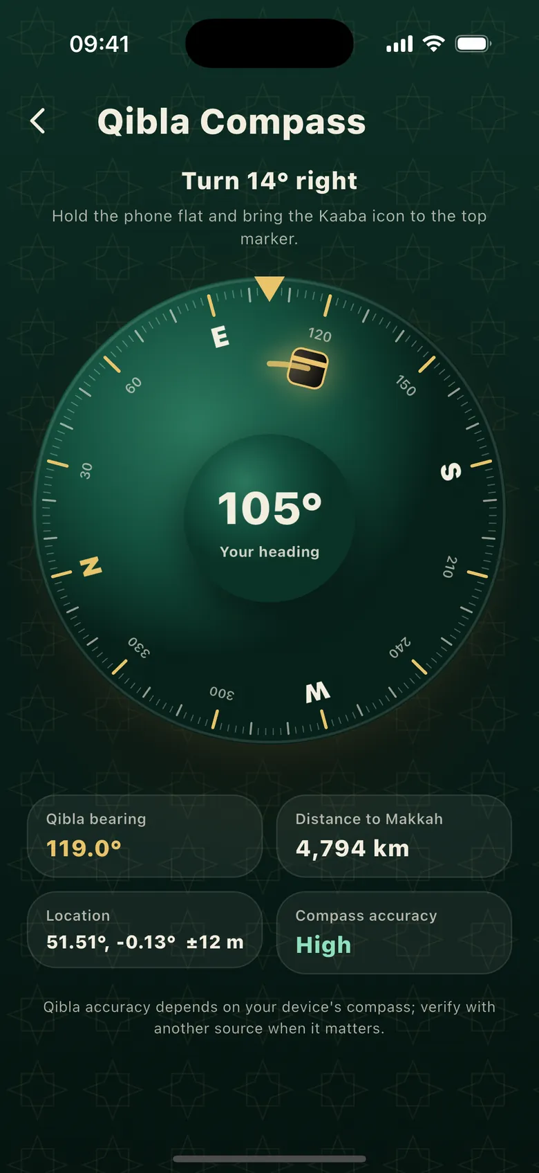 Qibla compass: Qibla bearing, distance to Makkah and compass accuracy