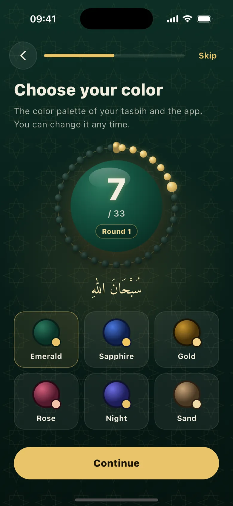 First-run setup: choosing one of six color themes with a live tasbih preview