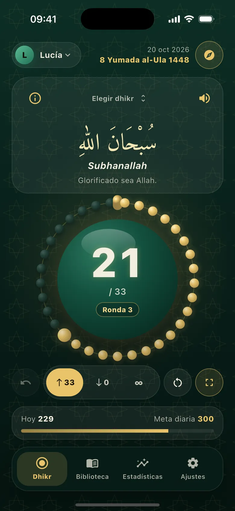 Pantalla del contador: Subhanallah, un tasbih 3D a mitad de una ronda de 33 y la barra de la meta diaria
