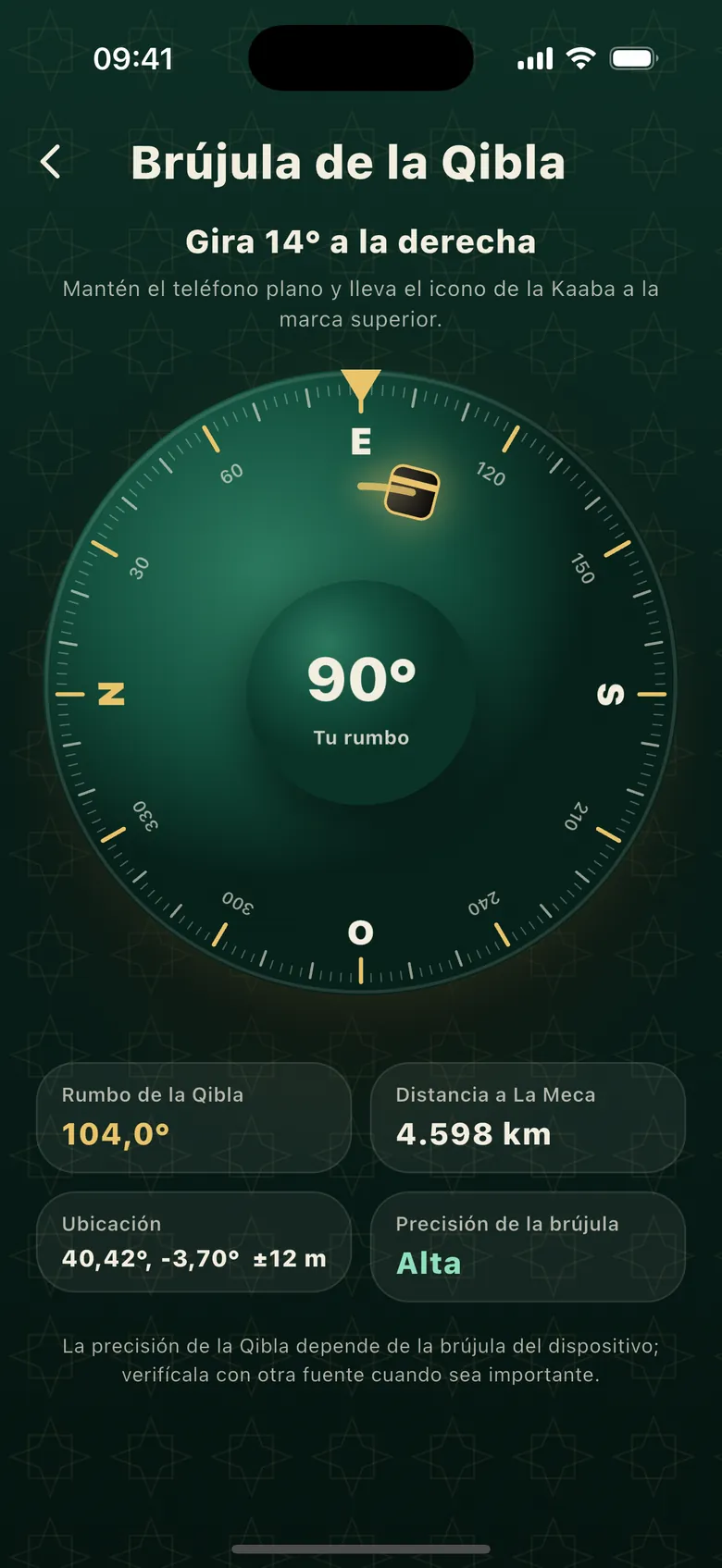 Brújula de la qibla: dirección de la qibla, distancia a La Meca y precisión de la brújula