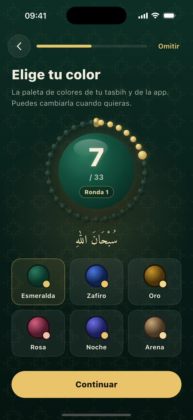 Configuración inicial: elección entre seis temas de color con vista previa del tasbih
