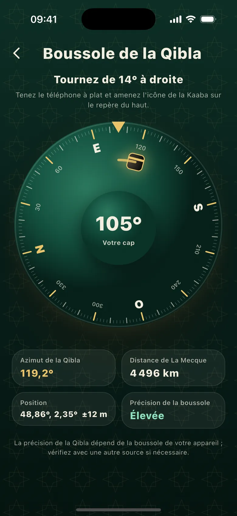 Boussole de la qibla : direction de la qibla, distance jusqu'à La Mecque et précision de la boussole